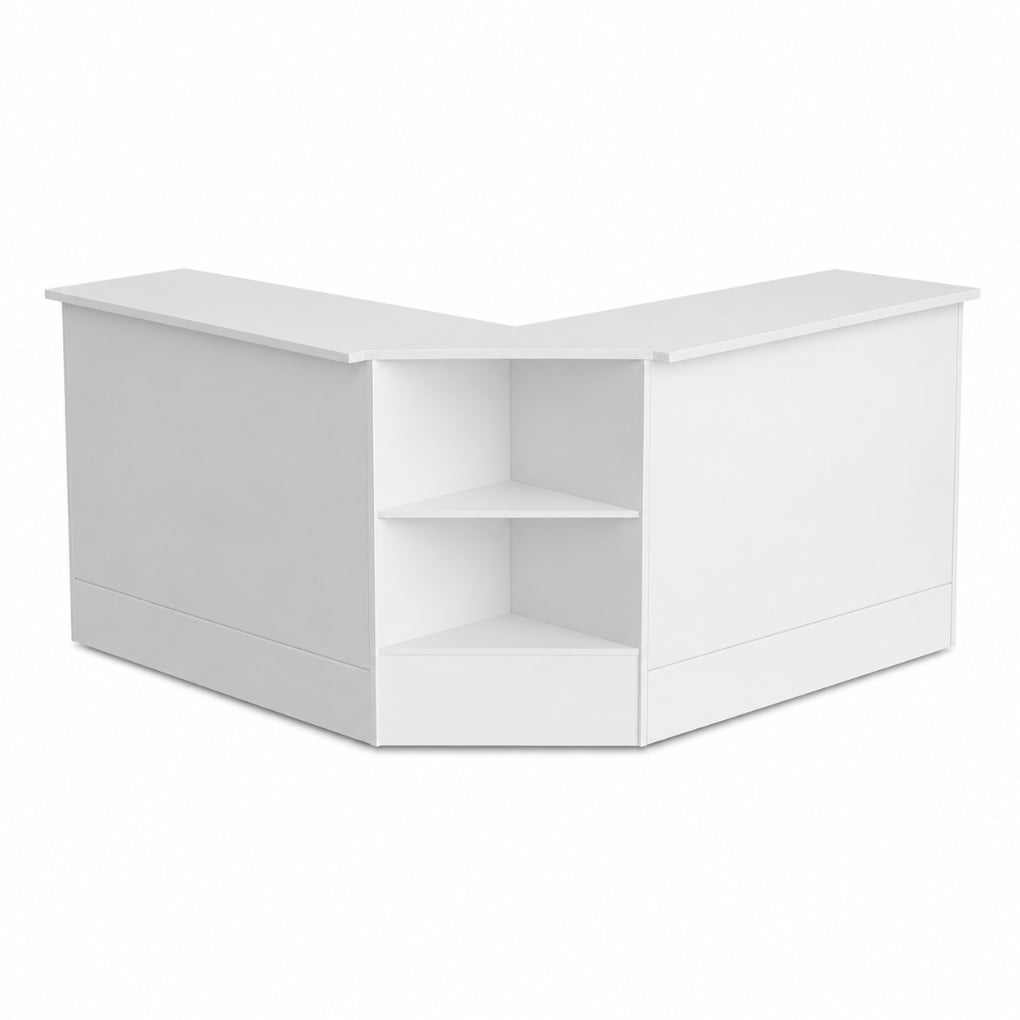 2 x White Shop Counters and 1 x Corner Display Unit with Wooden Shelves Bundle