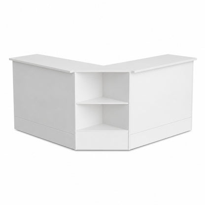 2 x White Shop Counters and 1 x Corner Display Unit with Wooden Shelves Bundle