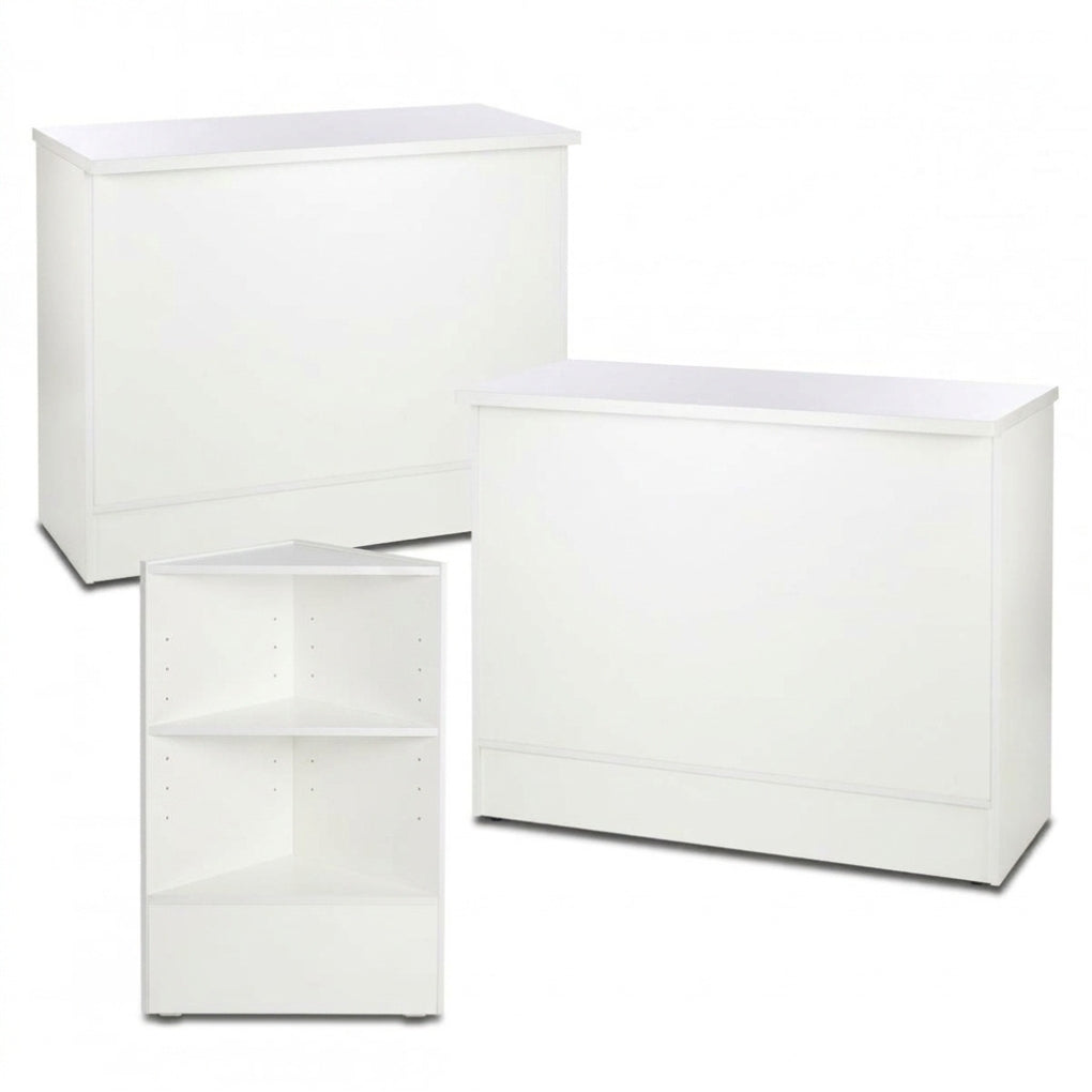 Three white wooden storage cabinets or organizers shown on a plain white background: one tall narrow cabinet, one short wide cabinet, and one open two-shelf corner unit.