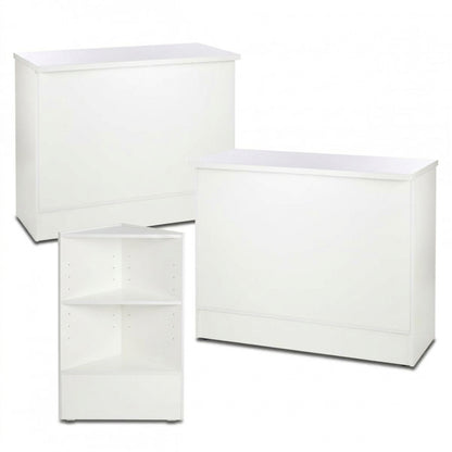 Three white wooden storage cabinets or organizers shown on a plain white background: one tall narrow cabinet, one short wide cabinet, and one open two-shelf corner unit.