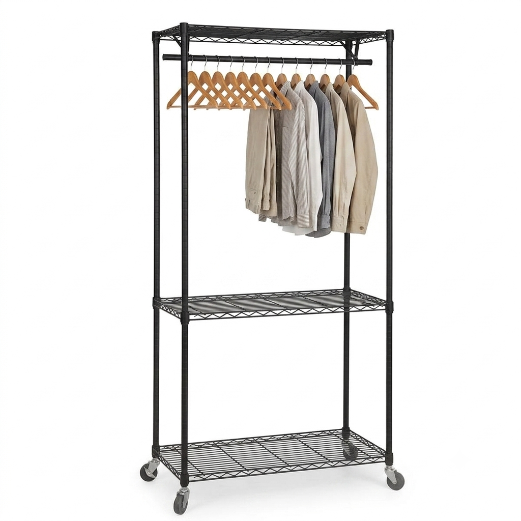 Black Wire Clothes Rack with Wheels - H1875mm - 1 x Rail & 3 x Shelves