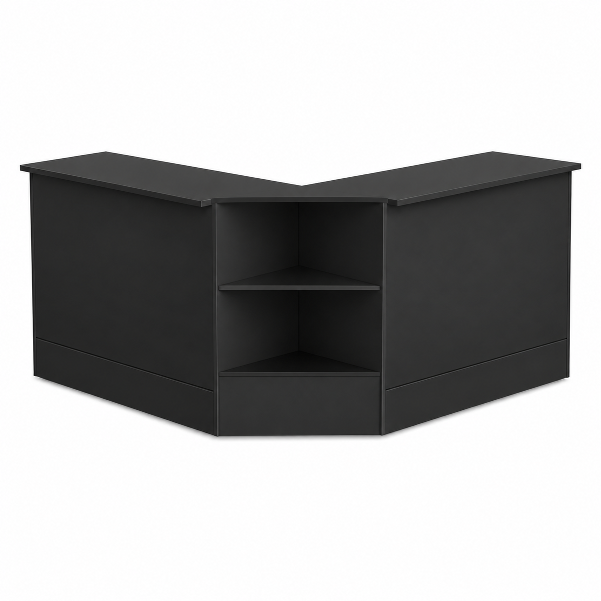 2 x Black Shop Counters and 1 x Corner Display Unit with Wooden Shelves Bundle