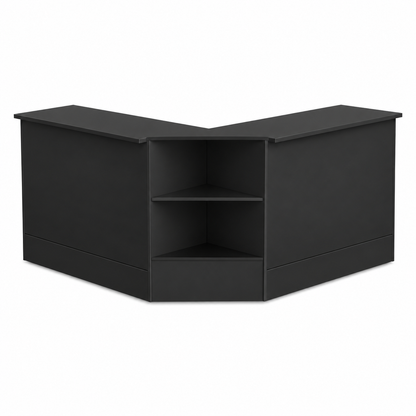 2 x Black Shop Counters and 1 x Corner Display Unit with Wooden Shelves Bundle
