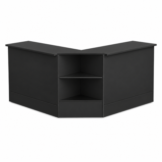 A black L-shaped corner office desk with two open shelves in the center, shown on a plain white background.