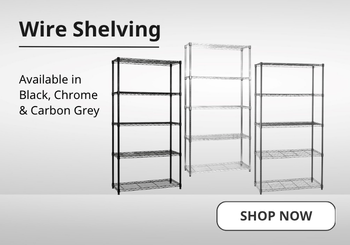 Wire shelving in black, chrome and carbon grey