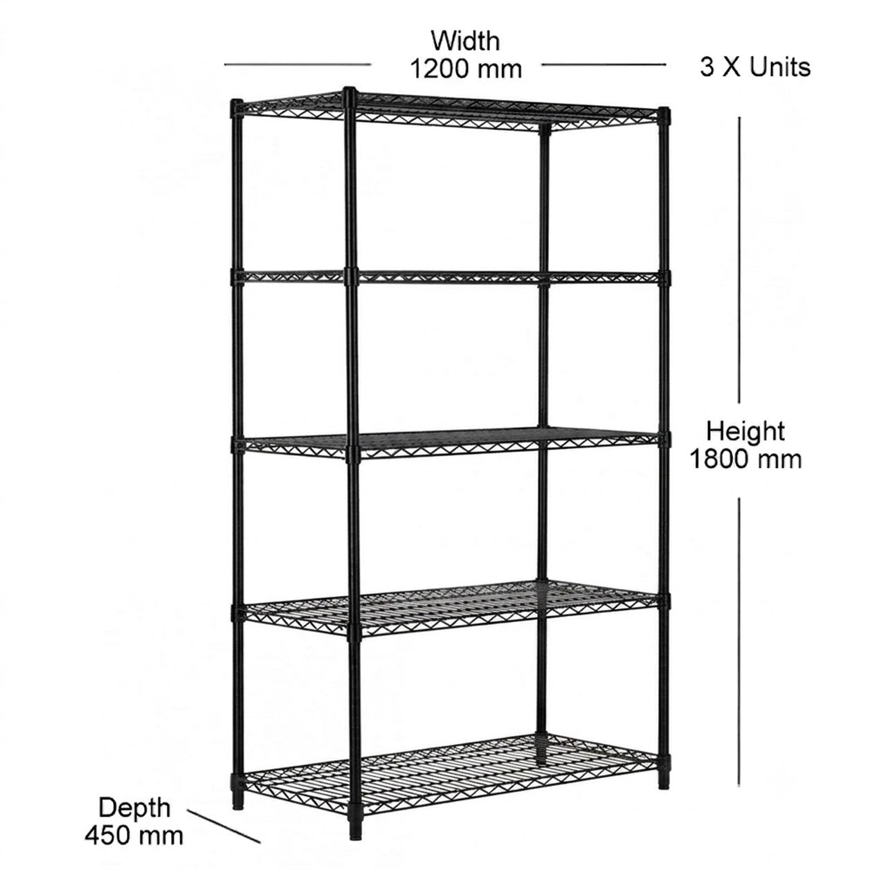 3 x 5 Tier Heavy Duty Black Wire Shelving Units - H1800 x D450mm