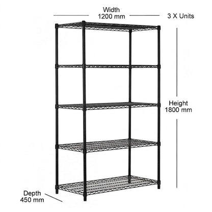 3 x 5 Tier Heavy Duty Black Wire Shelving Units - H1800 x D450mm
