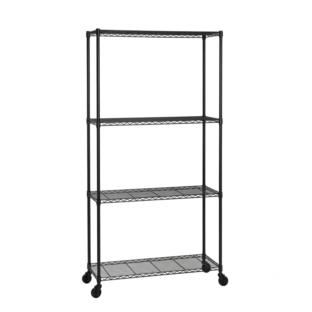 4 Tier Black Wire Shelving Unit with Wheels - H1875mm