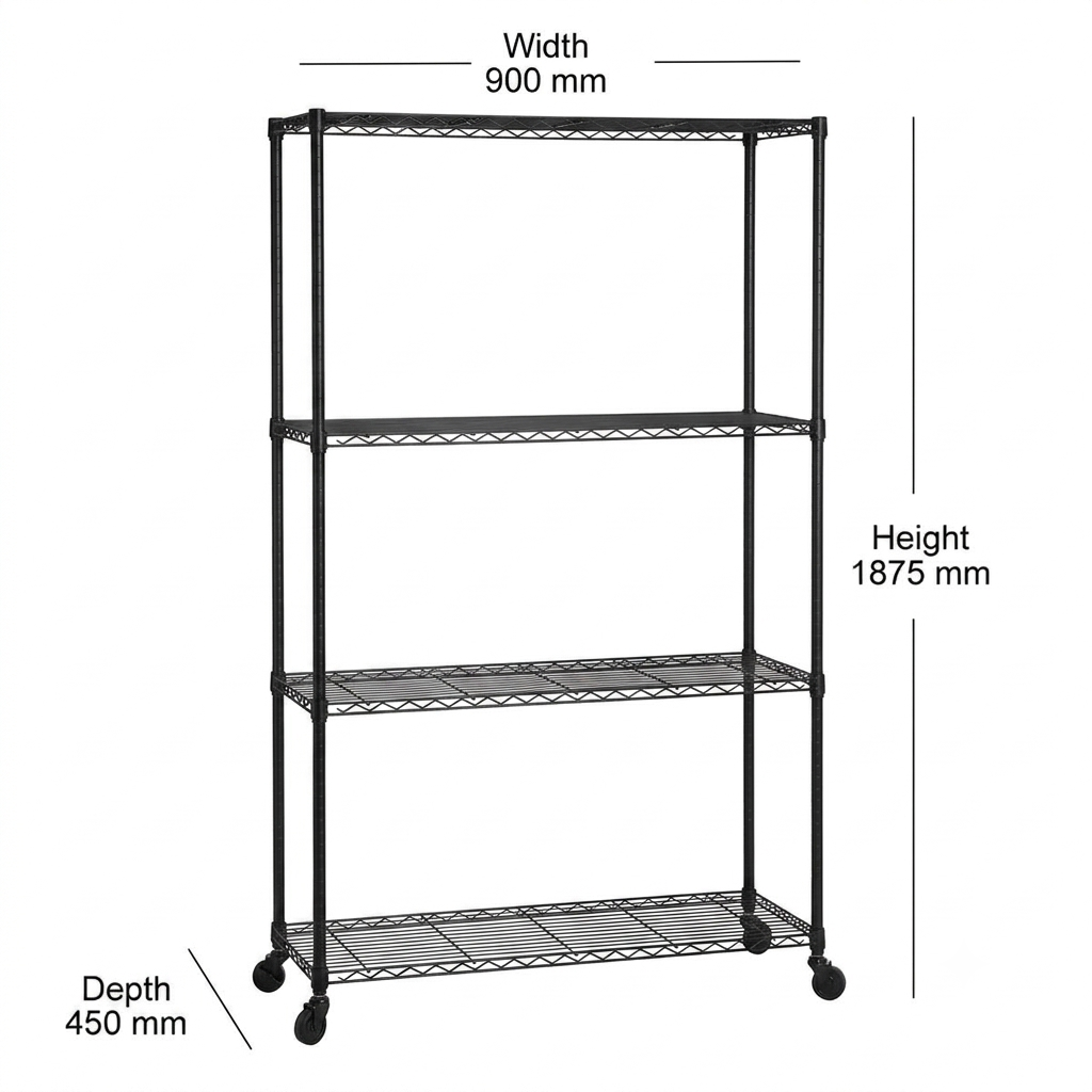 4 Tier Black Wire Shelving Unit with Wheels - H1875mm