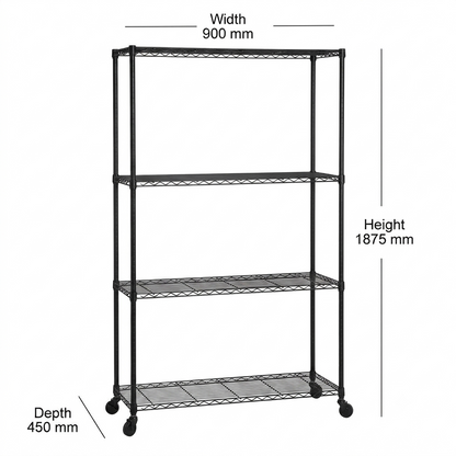 4 Tier Black Wire Shelving Unit with Wheels - H1875mm