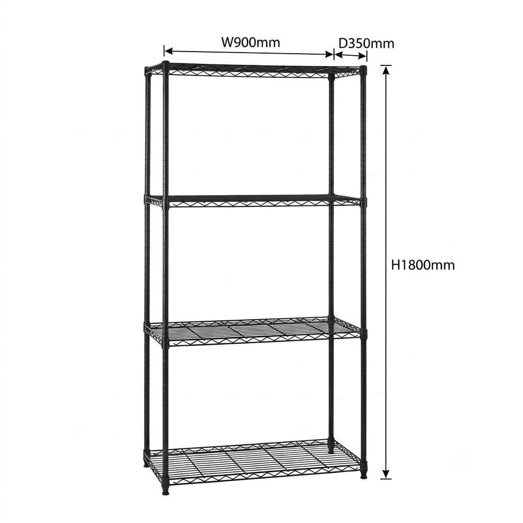 4 Tier Narrow Black Wire Shelving Unit - H1800 x W750 x D350mm