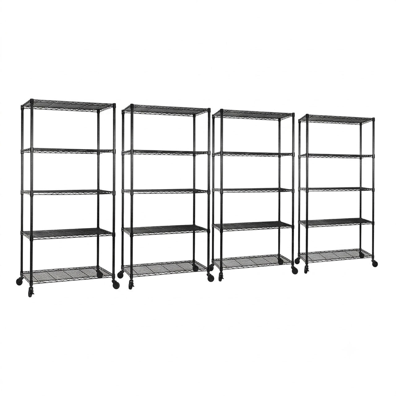 4 x 5 Tier Black Wire Shelving Units with Wheels - H1875 x D450mm