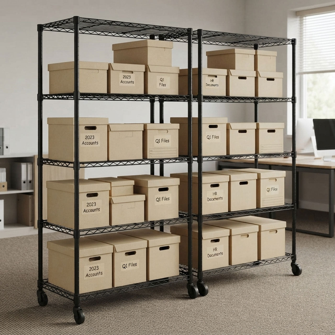4 x 5 Tier Black Wire Shelving Units with Wheels - H1875 x D450mm