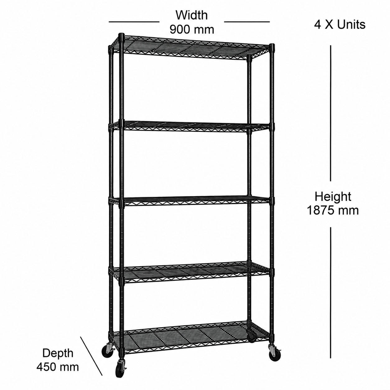 4 x 5 Tier Black Wire Shelving Units with Wheels - H1875 x D450mm