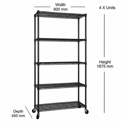 4 x 5 Tier Black Wire Shelving Units with Wheels - H1875 x D450mm