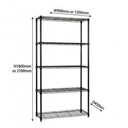 5 Tier Black Wire Shelving Unit - D450mm