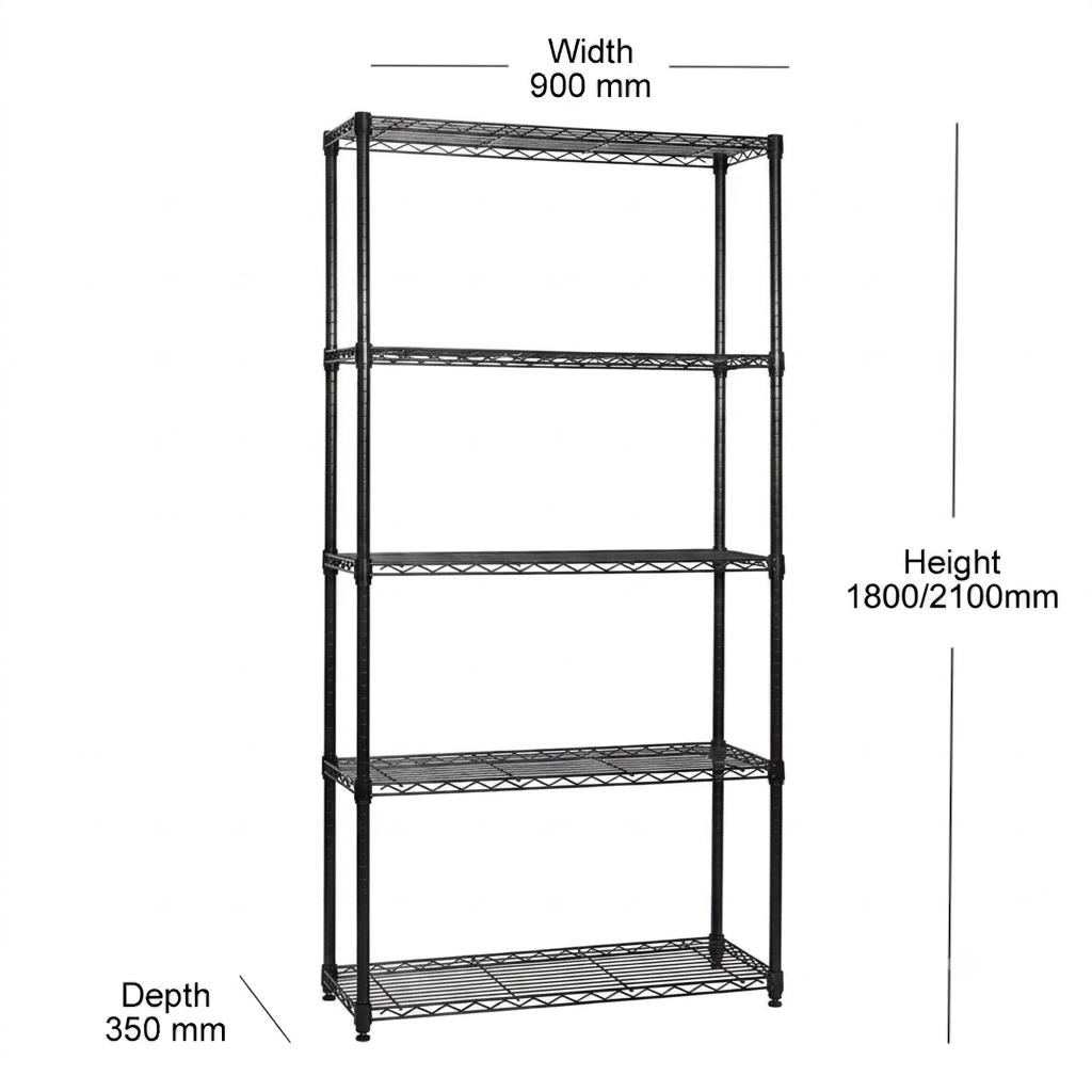 5 Tier Narrow Black Wire Shelving Unit - D350mm