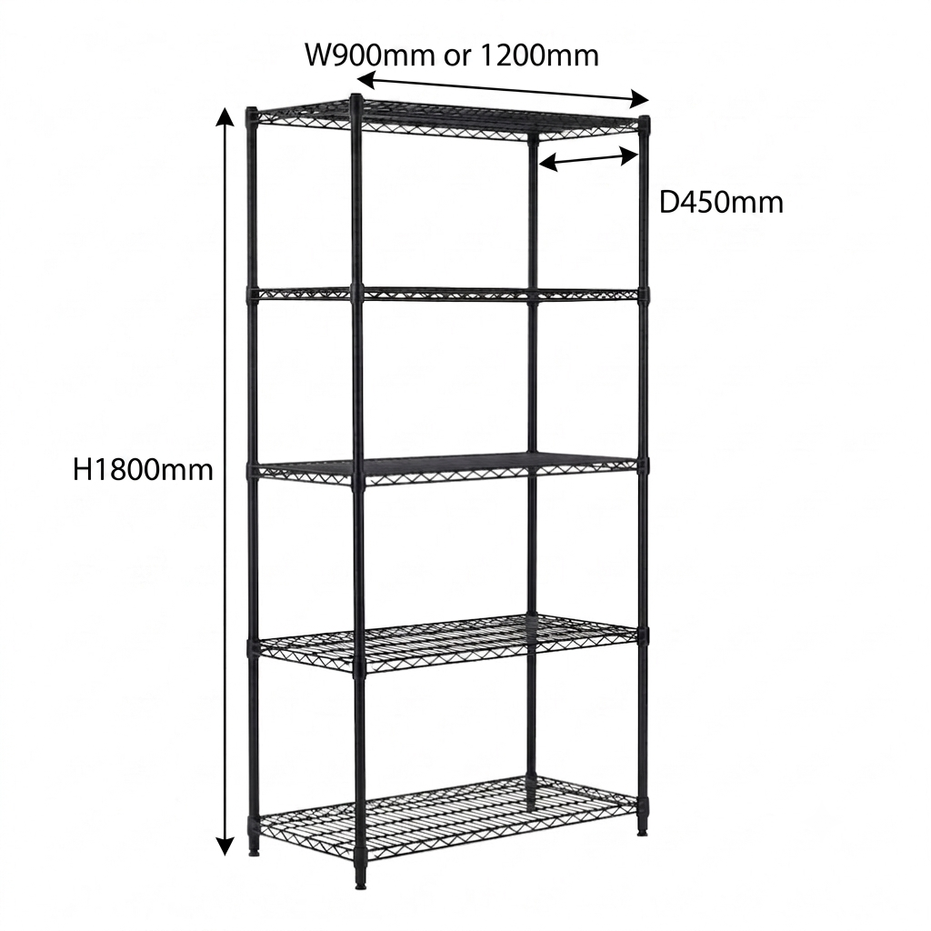 5 Tier Heavy Duty Black Wire Shelving Unit - H1800 x D450mm