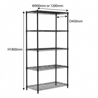 5 Tier Heavy Duty Black Wire Shelving Unit - H1800 x D450mm