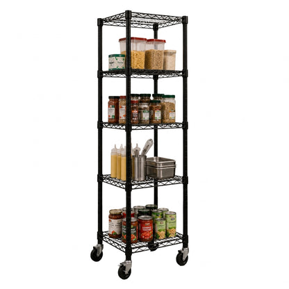 5 Tier Black Wire Shelving Unit with Wheels - H1875 x W450 x D450mm