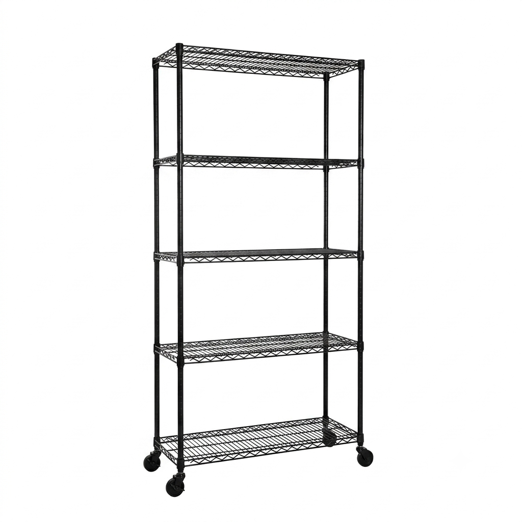 5 Tier Black Wire Shelving Unit with Wheels - H1875mm