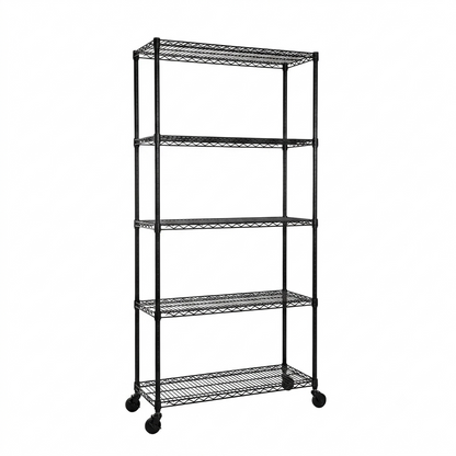 5 Tier Black Wire Shelving Unit with Wheels - H1875mm