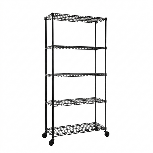 5 Tier Black Wire Shelving Unit with Wheels - H1875mm