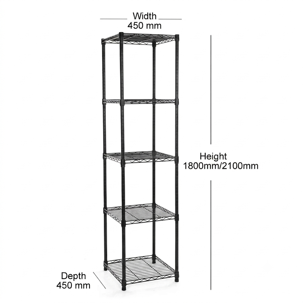 5 Tier Square Black Wire Shelving Unit - W450 x D450mm