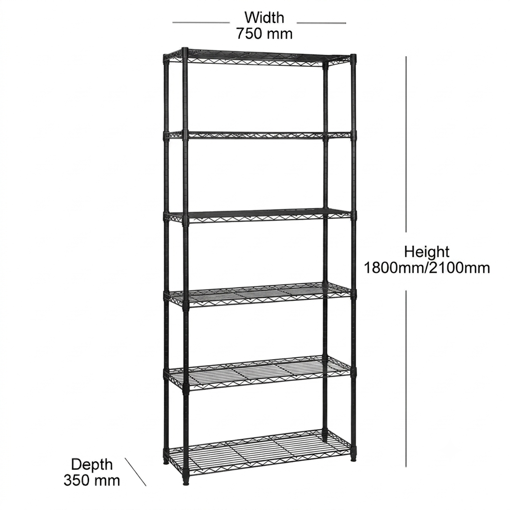 6 Tier Narrow Black Wire Shelving Unit - D350mm
