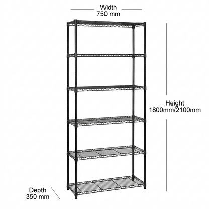 6 Tier Narrow Black Wire Shelving Unit - D350mm