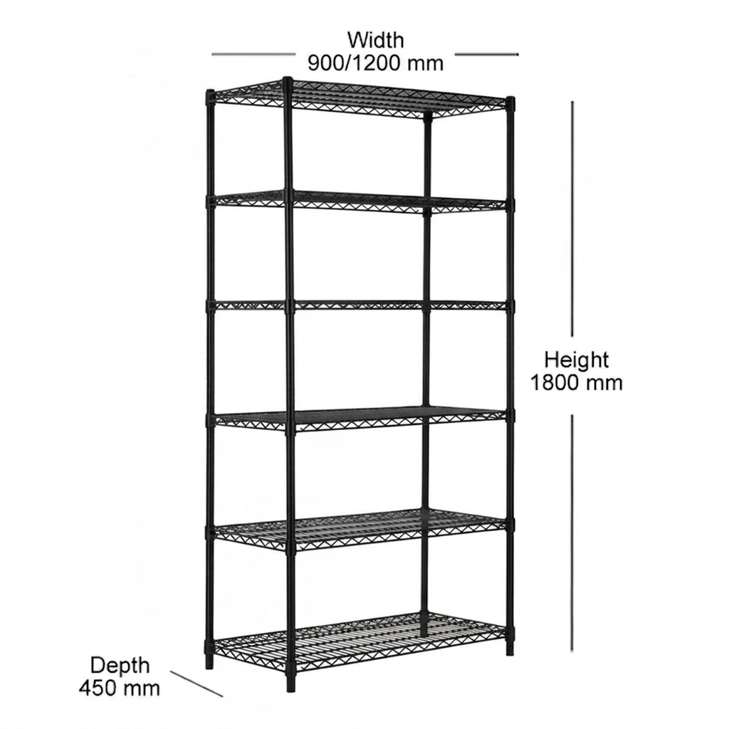 6 Tier Heavy Duty Black Wire Shelving Unit - H1800 x D450mm