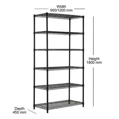 6 Tier Heavy Duty Black Wire Shelving Unit - H1800 x D450mm