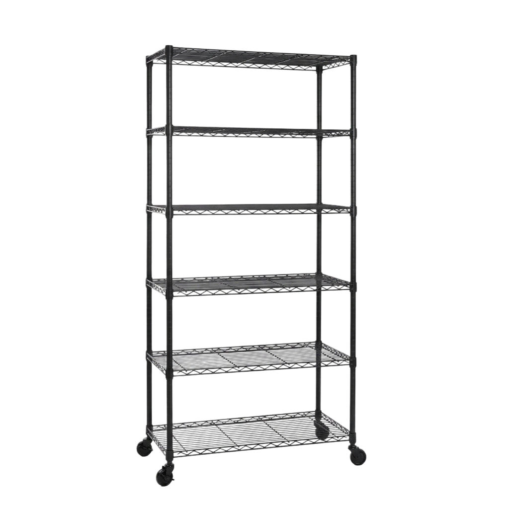 6 Tier Black Wire Shelving Unit with Wheels - H1875mm