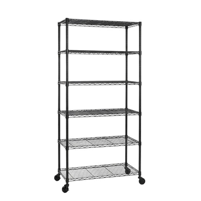 6 Tier Black Wire Shelving Unit with Wheels - H1875mm