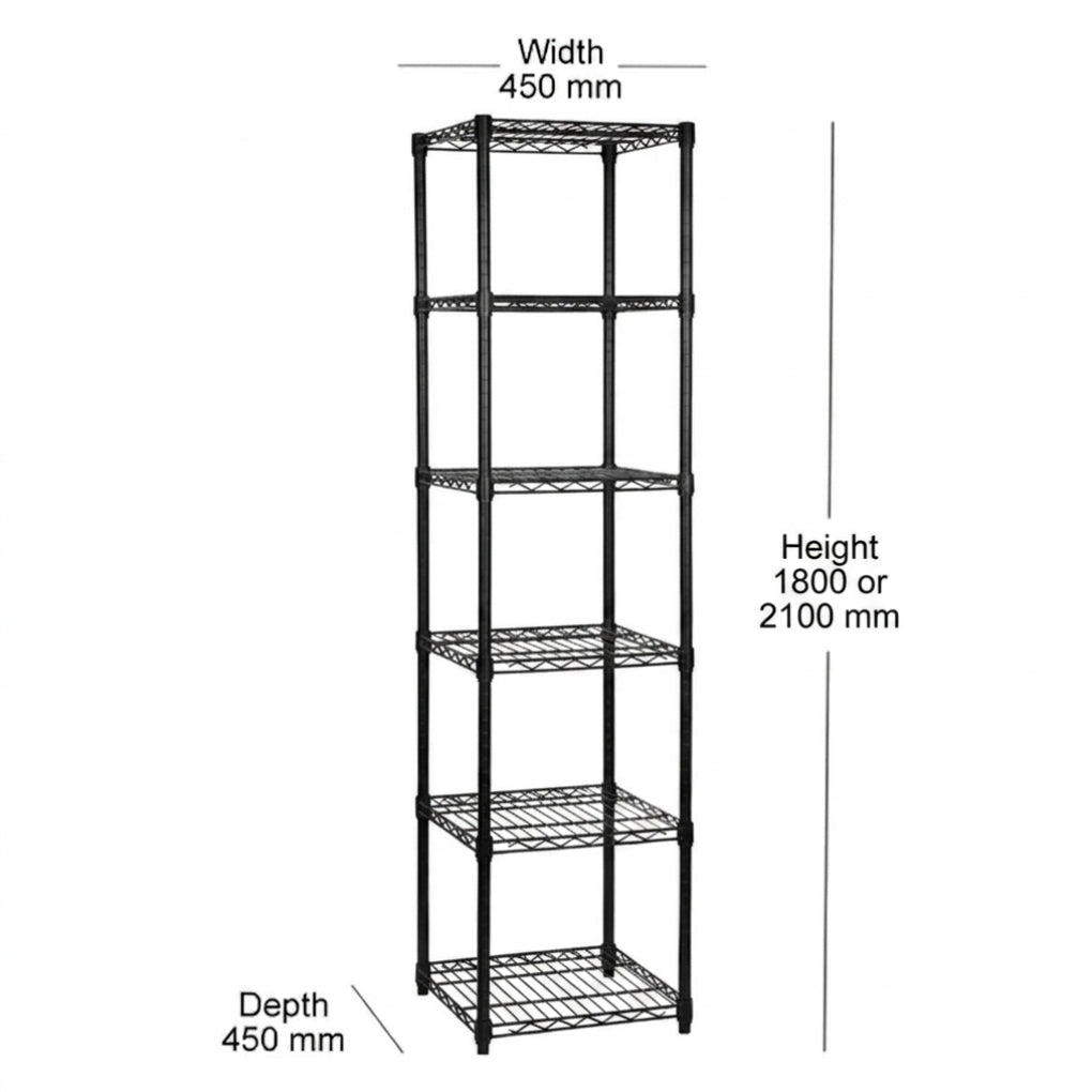 6 Tier Square Black Wire Shelving Unit - W450 x D450mm