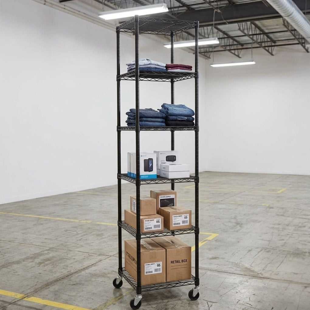 6 Tier Black Wire Shelving Unit with Wheels - H1875 x W450 x D450mm