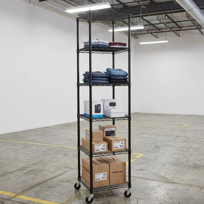 6 Tier Black Wire Shelving Unit with Wheels - H1875 x W450 x D450mm