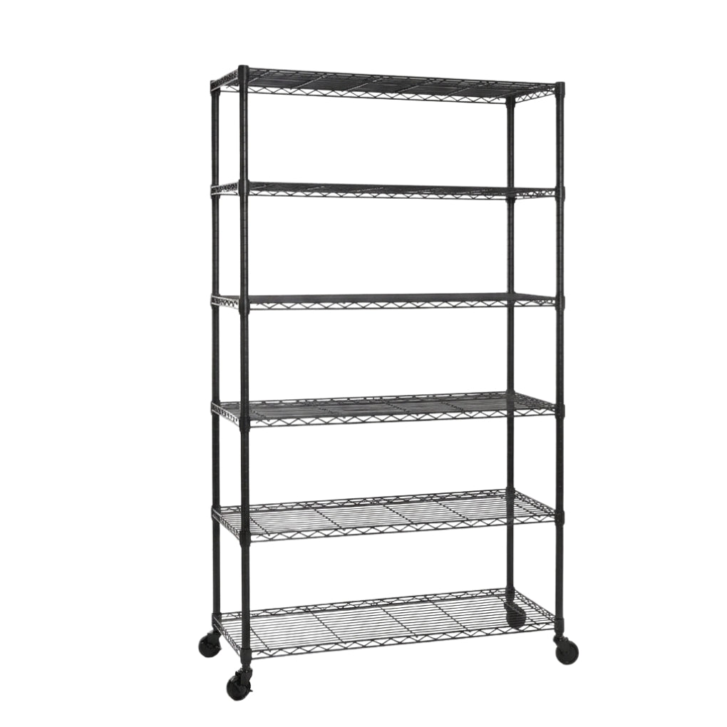 6 Tier Black Wire Shelving Unit with Wheels - H1875mm