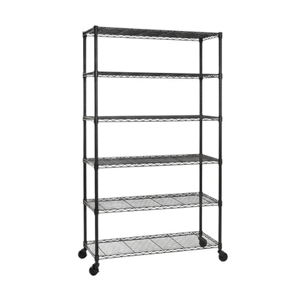 6 Tier Black Wire Shelving Unit with Wheels - H1875mm