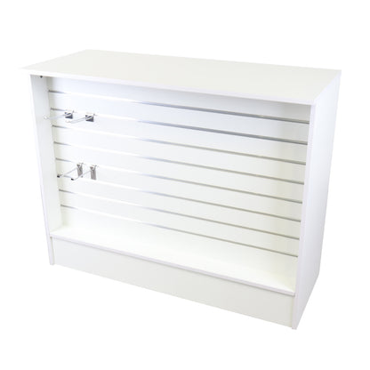 White Shop Counter with Slatwall Front & Aluminium Inserts - Silhouette Range
