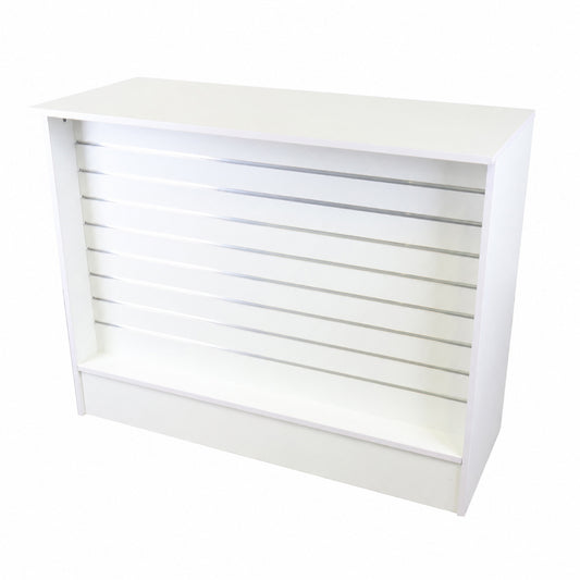 White Shop Counter with Slatwall Front & Aluminium Inserts - Silhouette Range