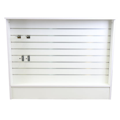 White Shop Counter with Slatwall Front & Aluminium Inserts - Silhouette Range