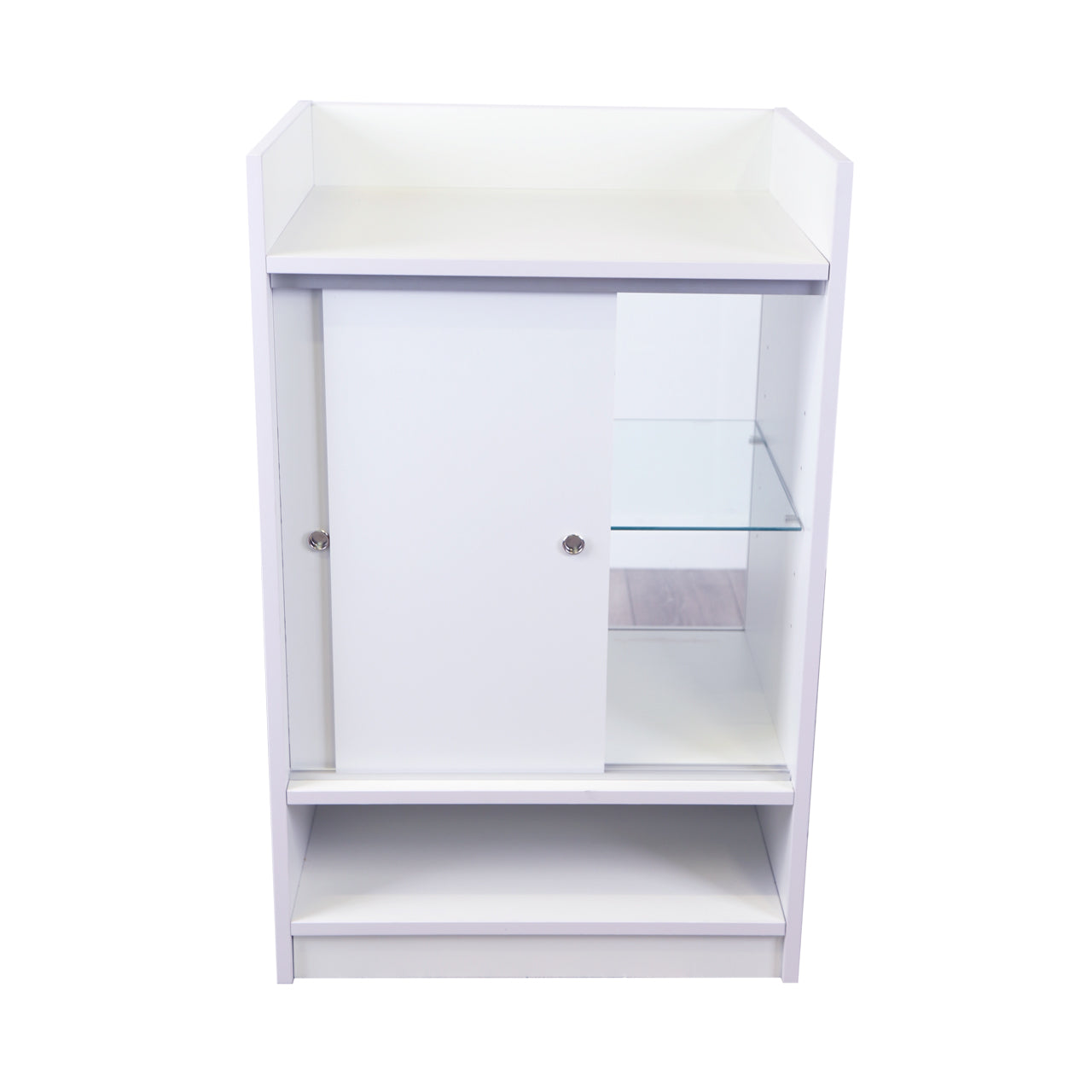 White Shop Counter With 3/4 Glass Display and Glass Front Till Unit Bundle - Silhouette Range