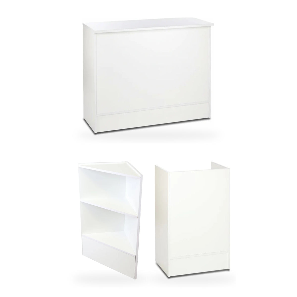 White Shop Counter, Corner Display Unit with Wooden Shelves and Till Unit Bundle - Silhouette Range
