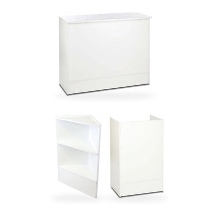 White Shop Counter, Corner Display Unit with Wooden Shelves and Till Unit Bundle - Silhouette Range