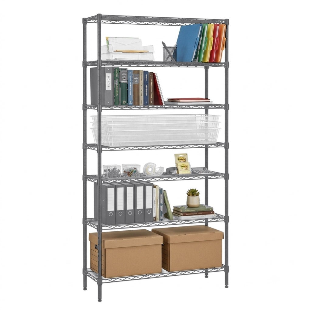 A 5-tier gray metal wire shelving unit shown against a plain white background, filled with office supplies including binders, books, boxes, and plastic bins.