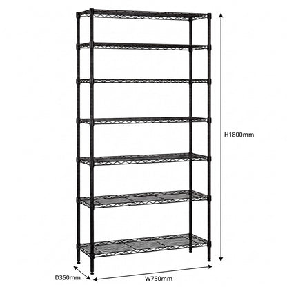 7 Tier Narrow Black Wire Shelving Unit - D350mm