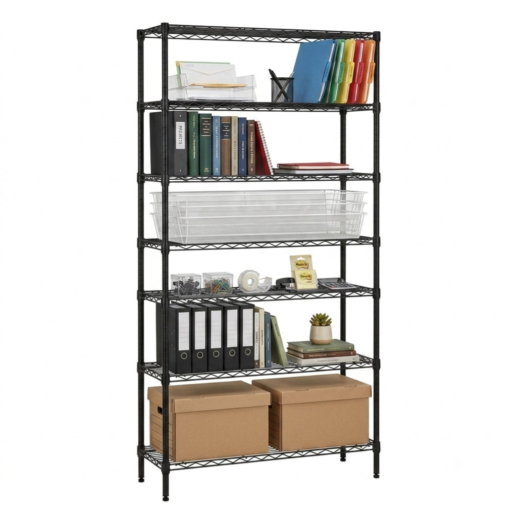 7 Tier Narrow Black Wire Shelving Unit - D350mm