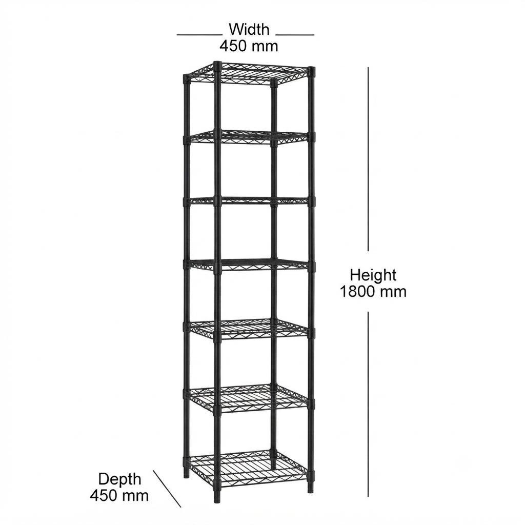 7 Tier Square Black Wire Shelving Unit - W450 x D450mm