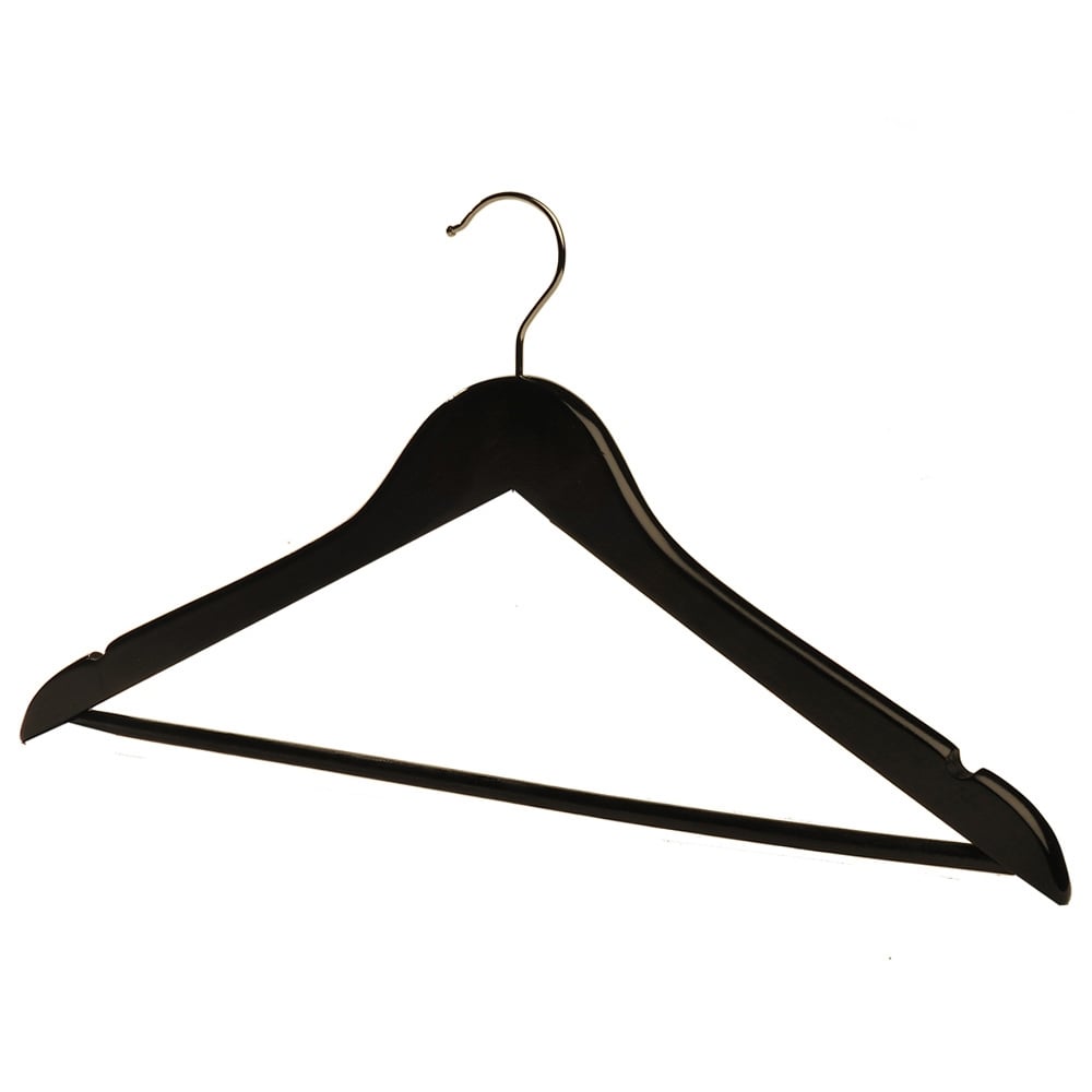 Matt Black Wooden Hangers with Trouser Bar and Shoulder Notches - 45 cm